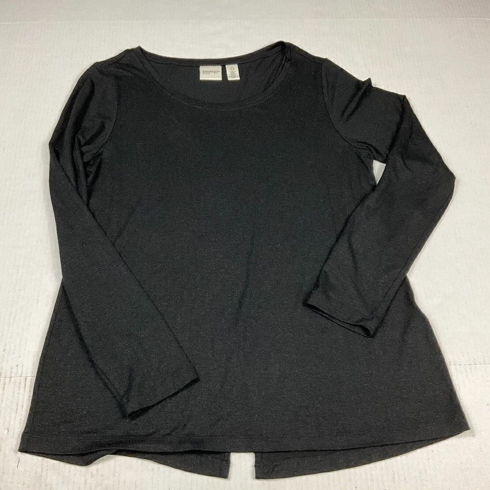 Chicos Zenergy Split Back Shirt Black Shimmer Stretch Long Sleeve Top 0 Small